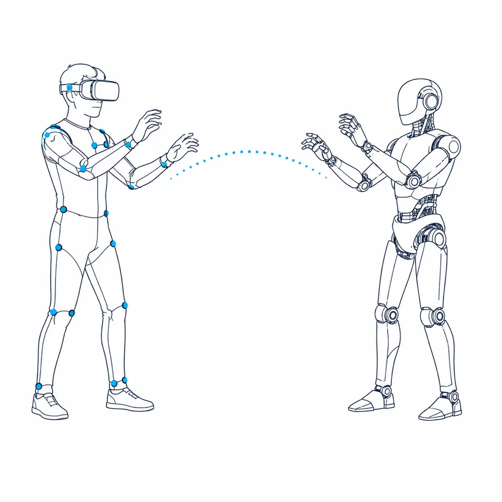 Ein Mensch mit VR-Brille und Sensoren an den Gelenken führt eine Bewegung aus, der Roboter gegenüber übernimmt sie