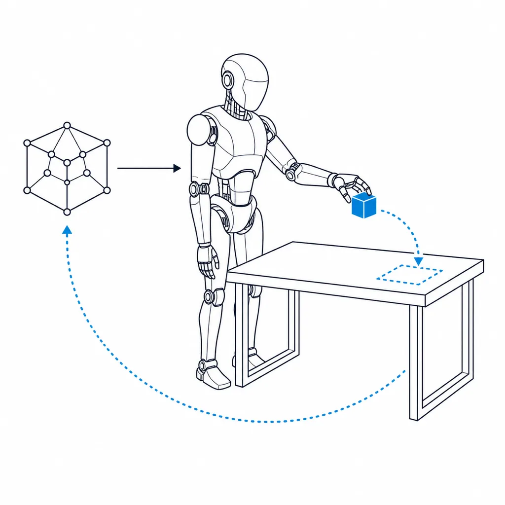 Das trainierte Modell gibt die Handlung vor, der Roboter setzt einen Würfel auf einem Tisch ab, das Ergebnis fließt zum Modell zurück